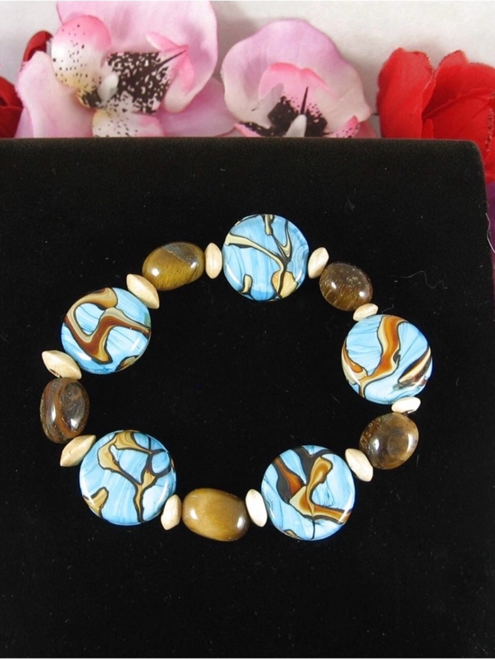 Vintage BEADED BRACELET Tigers Eye and Turquoise Art Glass Beads Elastic Stretch